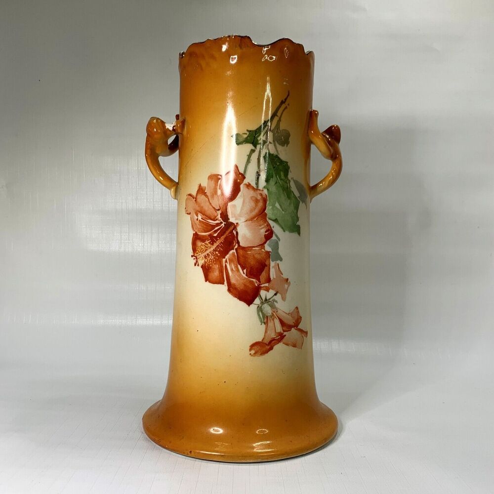Antique Art Nouveau Lily Vase Bavaria Porcelain Hand Painted Twisted Handles